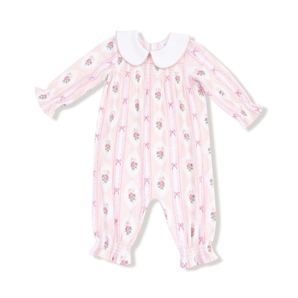 Angel Dear Ogee Lace Floral Smocked Long Sleeve Romper with Peter Pan Collar